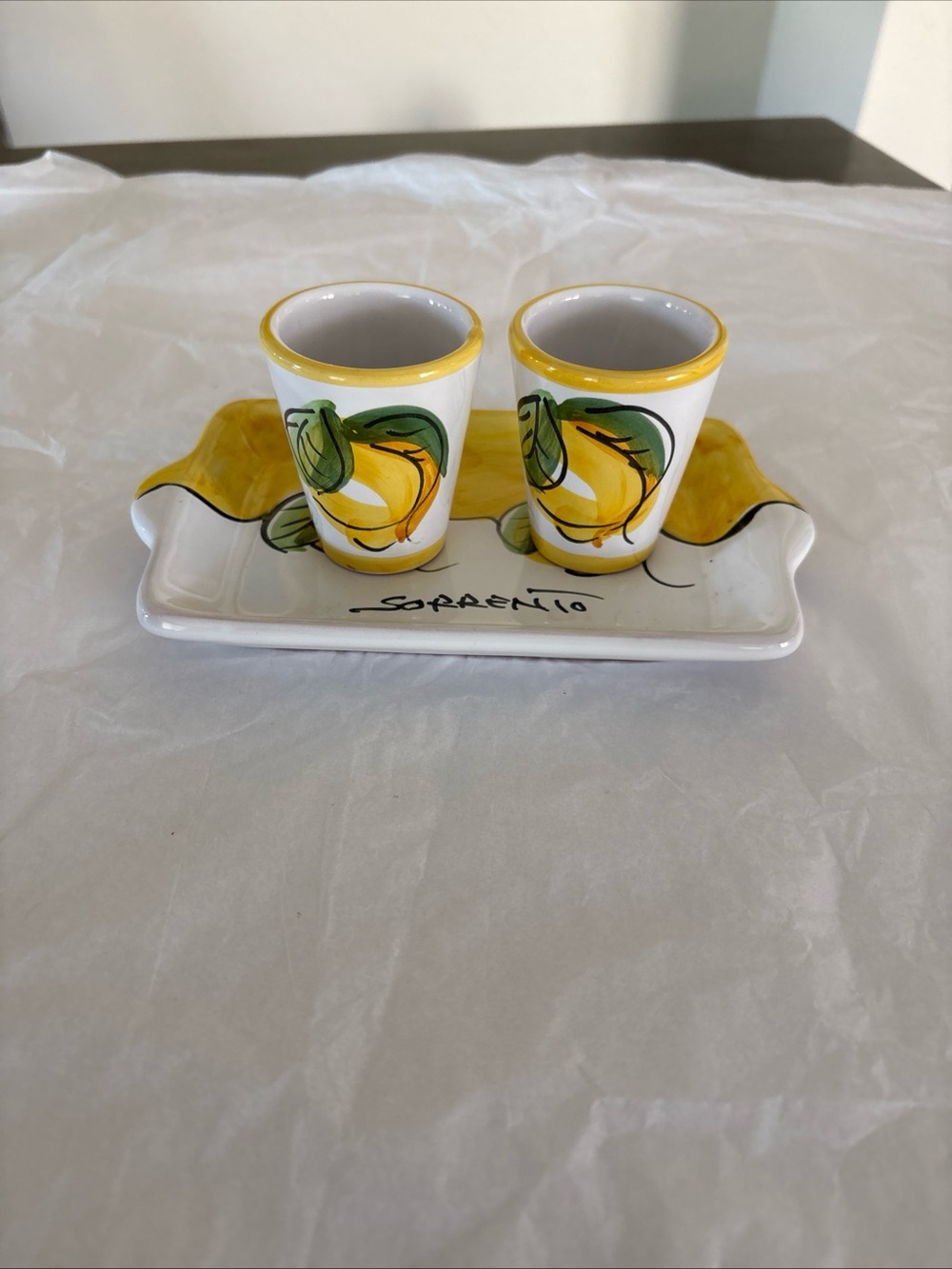 Hand painted Limoncello Ceramic Shot Glasses Set of 2 With Tray Made In Italy